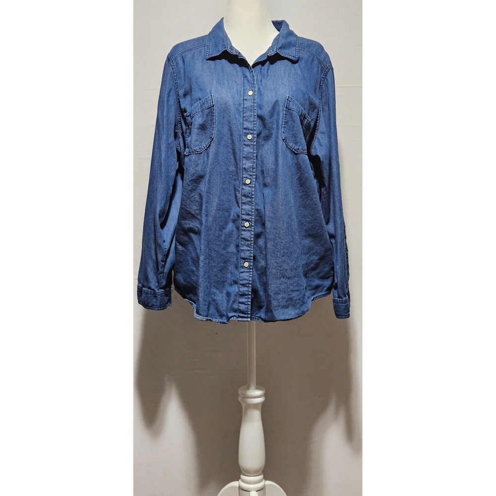 Simply Emma Womens 3X Blue Chambray Denim Button Down Roll Tab Sleeve Shirt